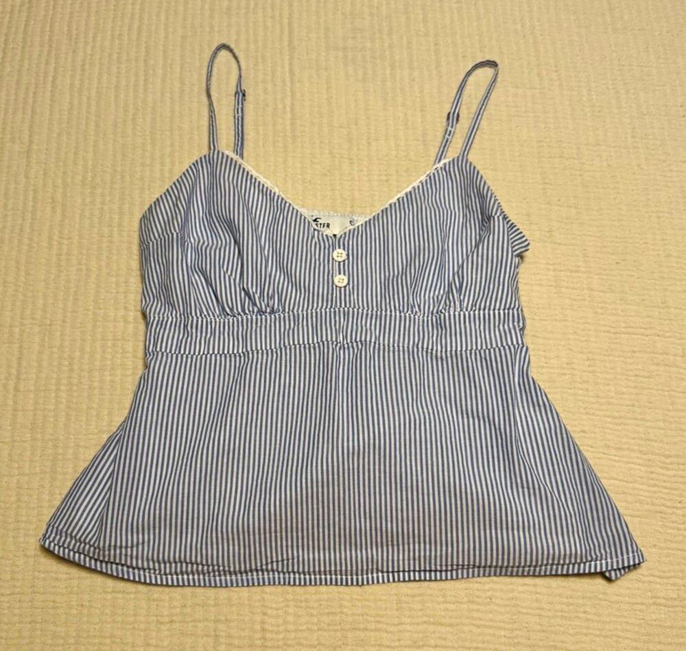Hollister Women’s S Striped Babydoll Elastic Button Lace Cami Tank Top Y2K